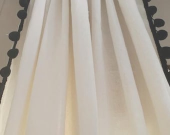 Ivory Linen Cotton Pom Pom Curtains, Classic Ivory Cotton Tassel Curtains, Farmhouse Ivory Pom Curtains, Pleated Pom curtains