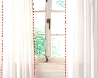 Classic White Cotton Pom Pom Curtains, Pom Pom or Tassel Trim Curtains, Farm house Pom Pom Curtains, customizable