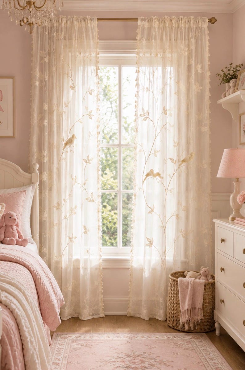 Pu&ograve; includere: Una coppia di tende trasparenti color bianco sporco con un motivo ricamato di delicate viti, foglie e piccoli uccelli. Le tende sono appese a un bastone dorato e presentano piccole nappe decorative lungo i bordi verticali del tessuto.