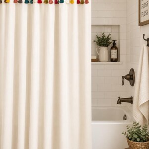 Multicolored Tassel Cotton Shower Curtain, Rainbow Tassel Shower Curtain, Rainbow Pom Shower curtain -color options