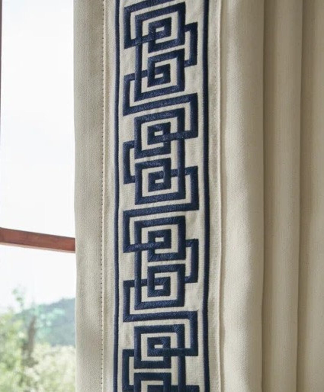 Ivory Geometric Trim Pinch Pleat Curtains, Ivory Cotton Greek Key Trim Curtains, Navy Greek Key