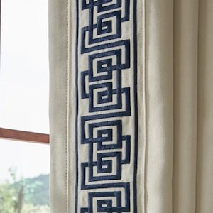 Ivory Geometric Trim Pinch Pleat Curtains, Greek Key Trim Curtains, Navy Greek Key trim Pinch Pleat Curtains