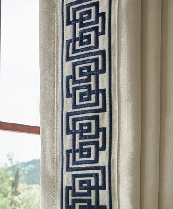 Ivory Geometric Trim Pinch Pleat Curtains, Greek Key Trim Curtains, Navy Greek Key trim Pinch Pleat Curtains