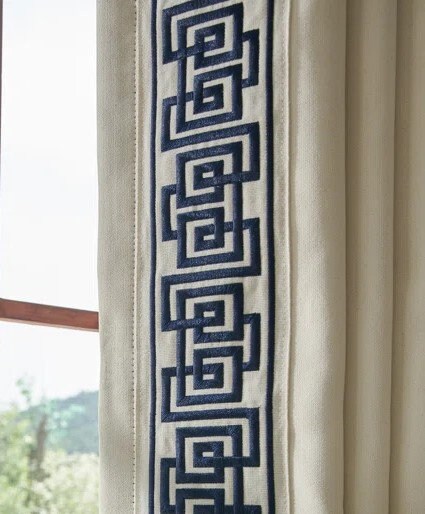 Ivory Geometric Trim Pinch Pleat Curtains, Greek Key Trim Curtains, Navy Greek Key trim Pinch Pleat Curtains