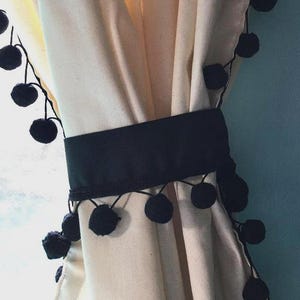 Vintage Pom Pom Curtains, Classic Ivory Cotton Tassel Curtains, Pleated Pom curtains, Extra Large Vintage Pom Curtains