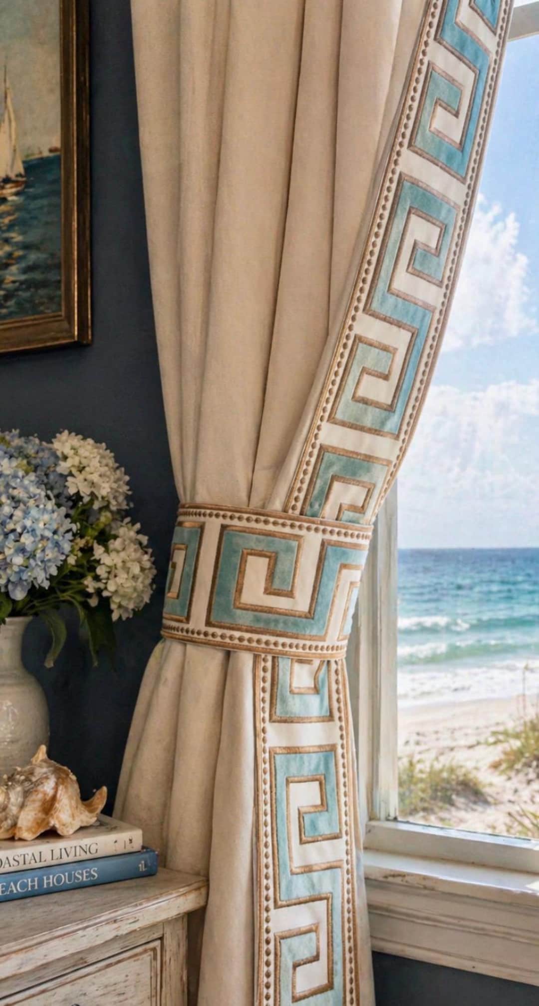 Wide Velvet Greek Key Trimmed Curtains, Greek Key Blackout Curtains ...
