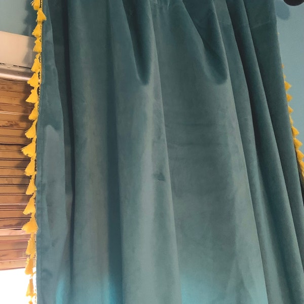 Teal Velvet Tassel Curtains, Tassel Curtains SALE, Velvet Curtains with Yellow Tassels, only one set available