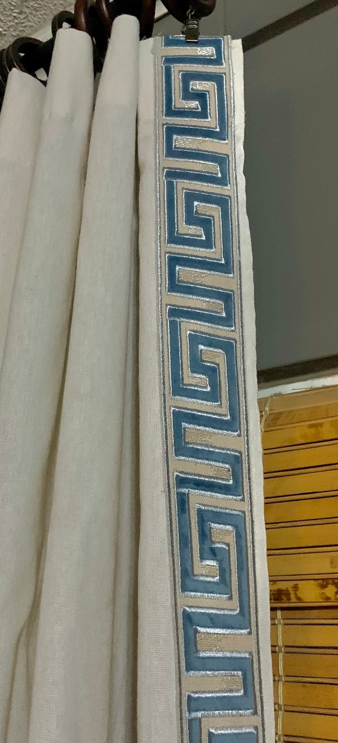 Ivory Linen Cotton Blend Greek Key Trim Curtains, Greek Key Ivory