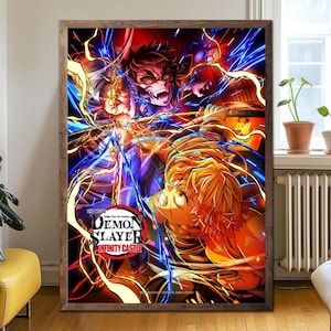 May include: A framed poster featuring characters from "Demon Slayer: Kimetsu no Yaiba the Movie: Mugen Train." The artwork depicts two anime characters in a dynamic pose with vibrant colors, including red, blue, and yellow. The poster has the title "Demon Slayer: Infinity Castle."