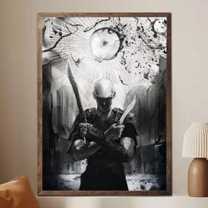 May include: Black and white artwork of a bald figure holding two blades, set against a backdrop of abstract shapes and a cityscape. The figure is the focal point, with the blades crossed in front. The artwork is framed in a wooden border.