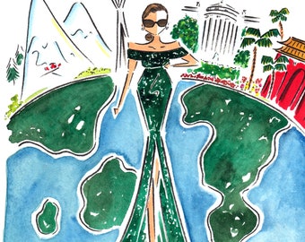 Custom Portrait illustration / Custom Fashion Illustration / Jet Setter /  Custom Watercolor Portrait  / Moving Announcement