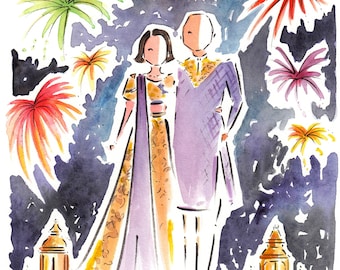 Diwali Gift/ Diwali Art / Diwali illustration /Custom Couple Portrait / Couple illustration / Couple Watercolor Illustration