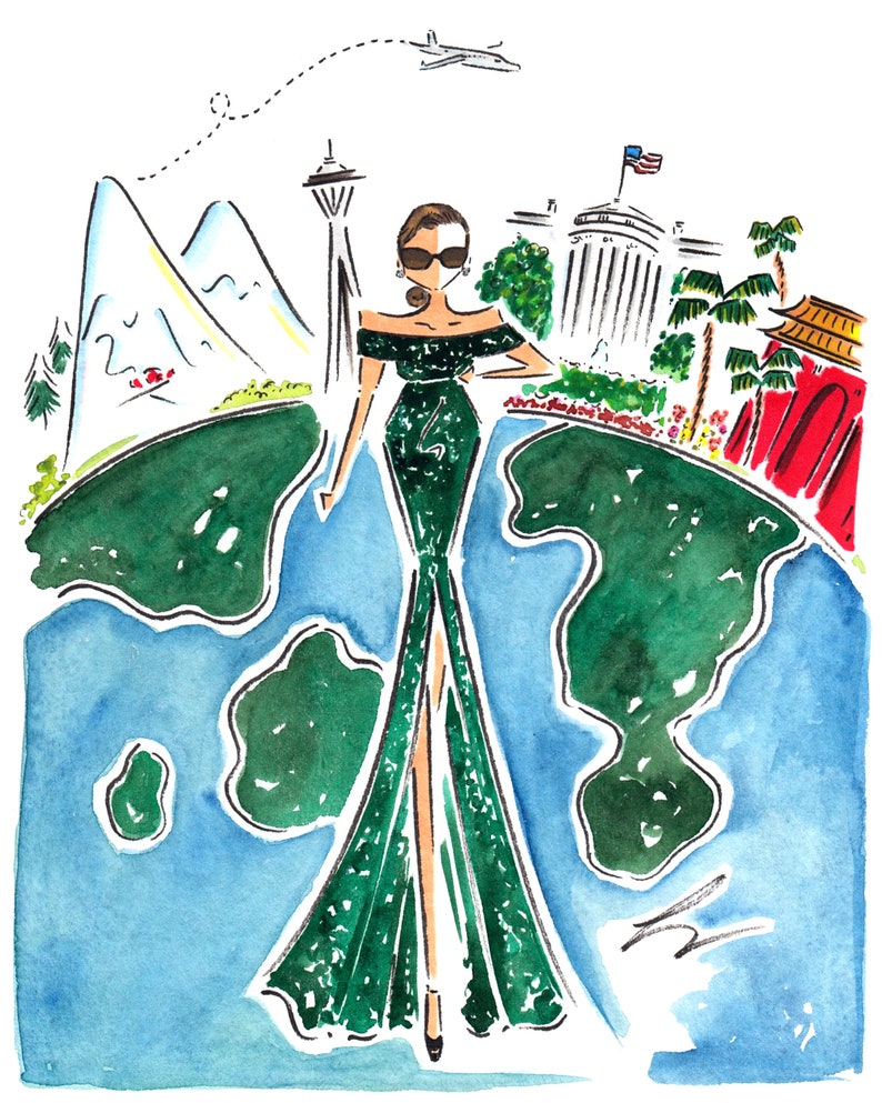 Custom Portrait illustration / Custom Fashion Illustration / Jet Setter / Custom Watercolor Portrait / Moving Announcement image 1