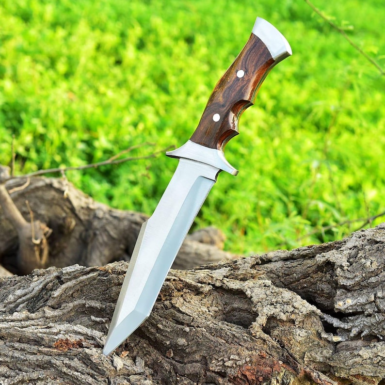 May include: A hunting knife with a polished steel blade and a dark wood handle. The handle has a silver bolster and a silver cap. The knife is resting on a piece of wood, with a green background.