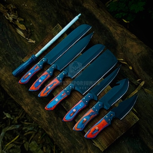 Juego de 8 cuchillos de chef para barbacoa de acero de Damasco, hechos a mano, forjados a mano, regalo de aniversario y cumpleaños.