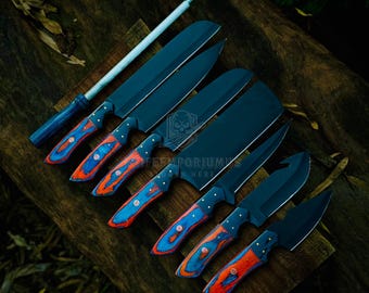 Hand Forged Damascus Steel BBQ Chef Knife Set - 8 Piece Luxury Kitchen Knives