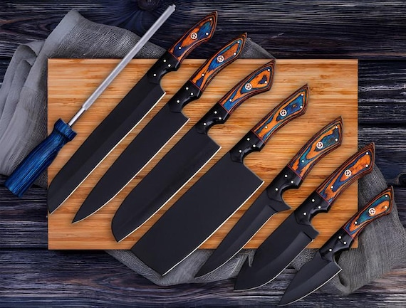 Hand Forged Damascus Steel BBQ Chef Knife Set - 8 Piece Luxury Kitchen Knives