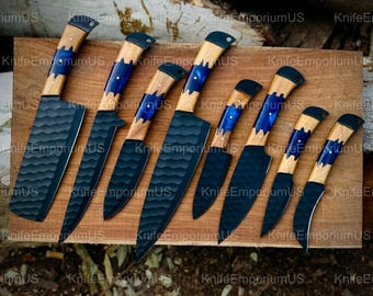 Hand Forged Damascus Steel Chef Knife Set: 8-Piece Luxury Kitchen Knives