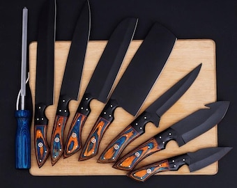 Hand Forged Damascus Steel BBQ Chef Knife Set - 8 Piece Luxury Kitchen Knives