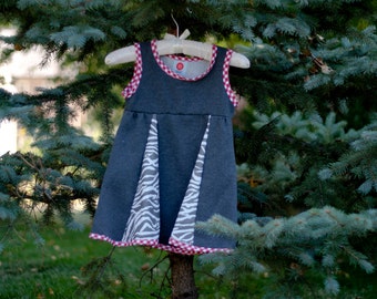 Grey sweatshirt fleece dress with zebra-print panels; girl's size 5-6