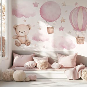 Carta da parati in vinile su tessuto non tessuto Teddy Bears Balloons Pink - carta da parati per la cameretta dei bambini - Scegli la tua dimensione!