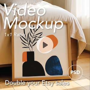 Video Frame Mockup | 1x1 Ratio | Animated template | Thin Wooden Frame | PSD | Photoshop mp4 | Wallart Template | Square |