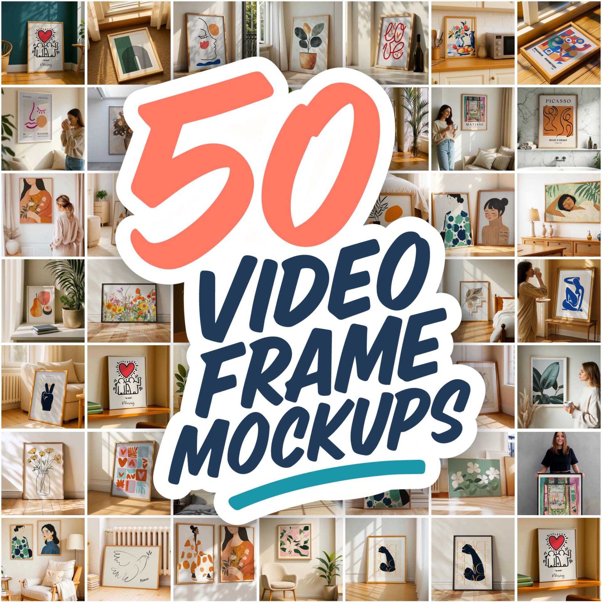 Video Wall Art Mockups Bundle | 50 PSD Animated Templates | Digital Download | Vertical Horizontal Square Ratios | Photoshop Frame Previews
