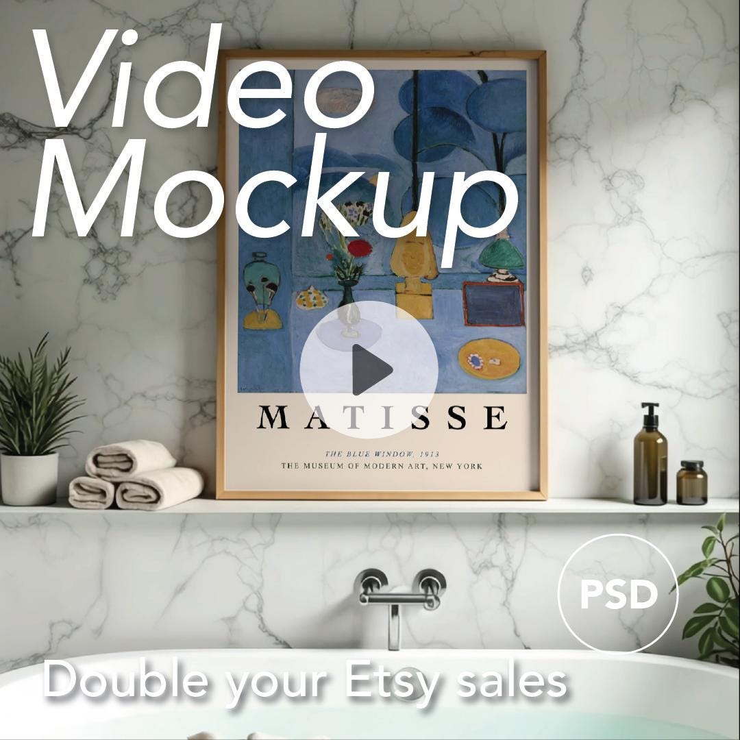 Video Frame Mockup | DIN A Ratio | Animated Mockup | Thin Wooden Frame | PSD | Photoshop mp4 | Bathroom | Vertical | Wallart Template