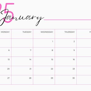 Simple 2025 Calendar Pink