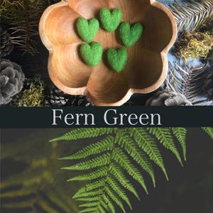 Pu&ograve; includere: Cinque piccoli cuori di feltro di colore verde felce, esposti in una ciotola di legno. La ciotola &egrave; circondata da muschio verde e pigne.