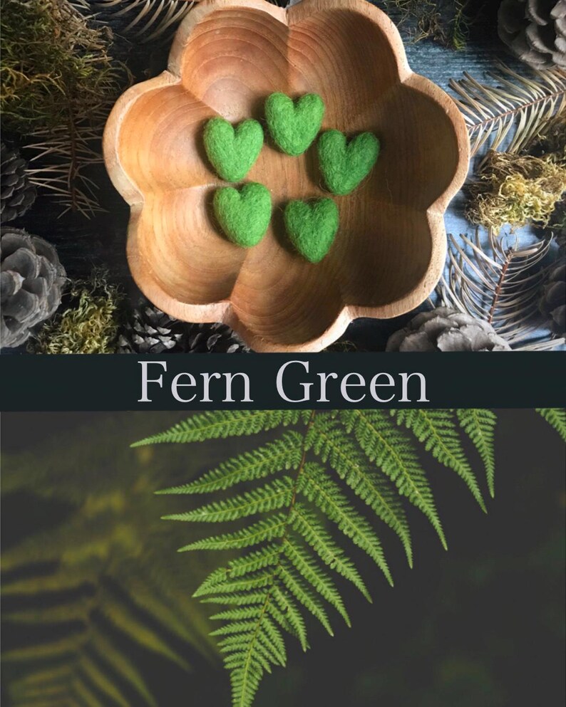 Pu&ograve; includere: Cinque piccoli cuori di feltro di colore verde felce, esposti in una ciotola di legno. La ciotola &egrave; circondata da muschio verde e pigne.