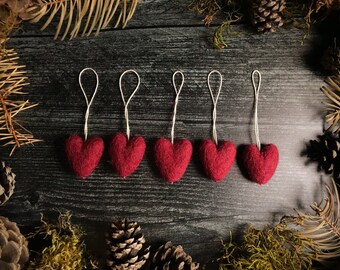 Felted wool heart ornaments, set of 5, Mountainbell Red, Valentine ornaments for mini trees, Galentine's Day gift, dark red heart decor