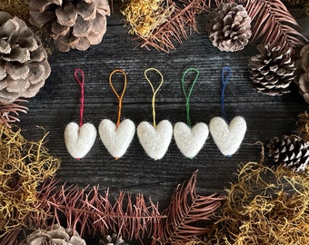 Felted wool heart ornaments, set of 5, Snowberry White w/ Subtle Rainbow String, for Valentine's Day, subtle rainbow ornament, mini ornament