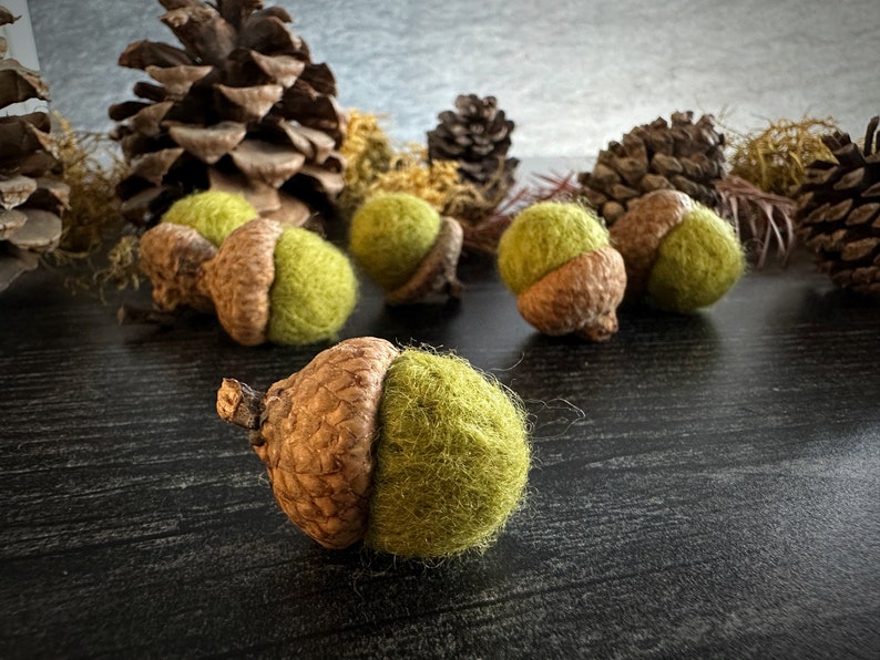 Felted wool acorns, set of 6, Fern Green, handmade felt waldorf acorns, green felt acorn, gifts for teachers, fall decor, pantone greenery image 1