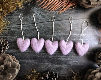 Needle Felted Heart Ornaments, Anemone Purple Wool Set of 5