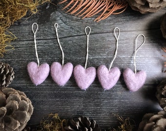 Felt heart ornaments, set of 5, Anemone Purple, miniature purple wool heart ornaments for christmas tree, valentine decor, valentine gift