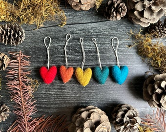 Felted wool heart ornaments, set of 5, Rainbow, for Valentine's Day, Christmas ornament, rainbow ornament, mini rainbow ornament set