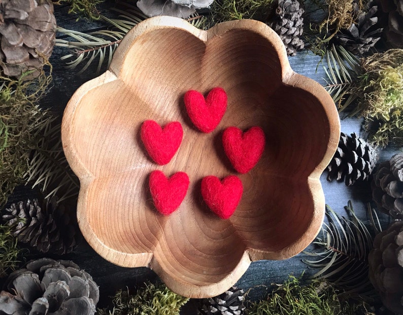 Felted wool hearts, Paintbrush Red, set of 5, Valentine or Galentine's Day decor, mini felted hearts, valentine gift under 20, waldorf gift image 1