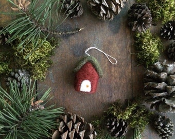 Wool cottage ornament, Brick Red, miniature house ornament, felt house, red house ornament, housewarming gift, first house ornament