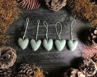 Felted wool heart ornaments, set of 5, Lichen Teal, Christmas tree decoration, Valentine's Day gift, wool felt heart decor, wedding favor