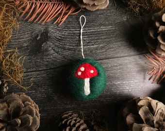 Amanita mushroom Christmas ornament, Pine Green, round ornament, felt mushroom ornament, green Christmas ornament, wool toadstool ornament