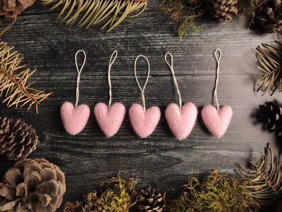 Felt Heart Ornaments, Mallow Pink Wool, Set of 5