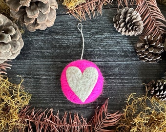 Round felt heart Christmas ornament, Rhododendron Pink, pink heart ornament, Valentine ornament, waldorf valentine, teacher valentine gift