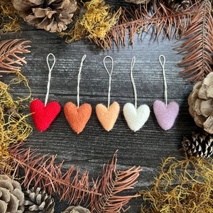 May include: Six felt heart ornaments in a rainbow color gradient, hanging from white twine. The hearts are red, orange, peach, white, lavender, and pink. The ornaments are arranged in a row on a dark wood background with pine cones and dried foliage.