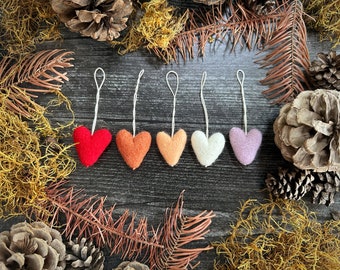 Felted wool heart ornaments, set of 5, Sunrise Gradient, heart Christmas ornaments, miniature heart ornament, teacher gift, gifts under 30