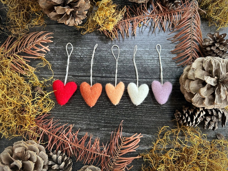 Felted wool heart ornaments, set of 5, Sunrise Gradient, heart Christmas ornaments, miniature heart ornament, teacher gift, gifts under 30 image 1