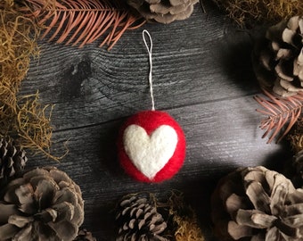 Round felt heart Christmas ornament, Paintbrush Red, red heart ornament, Valentine ornament, wool waldorf valentine, teacher valentine gift