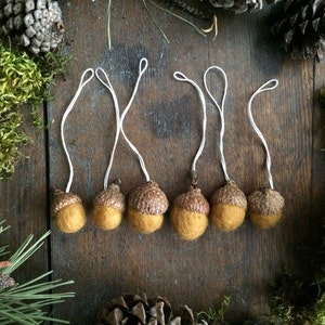 Wool Acorn Ornaments, Maple Leaf Yellow, Felt Waldorf Set of 6