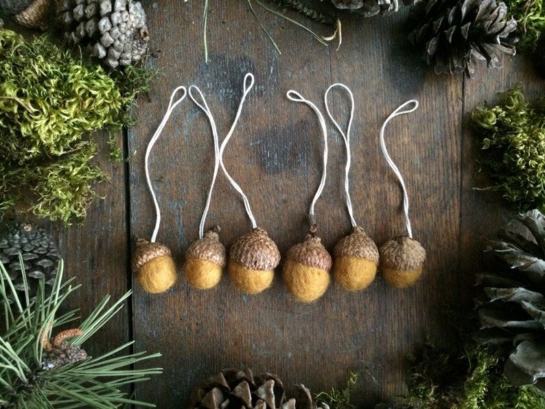 Wool acorn ornaments, set of 6, Maple Leaf Yellow, mini felt acorns, miniature ornament set, yellow wool acorns, felt waldorf ornaments image 1