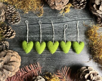 Wool heart ornaments, set of 5, Fern Green, miniature christmas ornament, green christmas decor, teacher gift, green hearts, rustic xmass